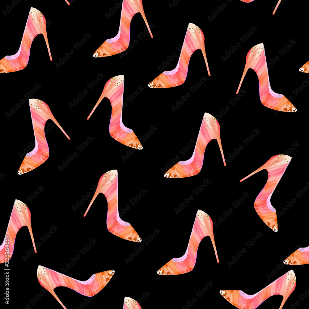 Seamless Cute Pattern with High Heeled Colorful Shoes. Watercolor Texture. Simple Surface Design with Black Background. Modern Style. Fashion Illustration Seamless Cute Pattern with High Heeled Colorful Shoes. Watercolor Texture. Simple Surface Design with Black Background. Modern Style. Fashion Illustration