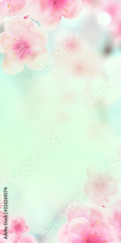 vertical Japanese Spring Sakura cherry blossoms 120x240 size website small skyscraper banner background. 3D Illustration Clip-Art floral spring petal design header. copy space in green, white, blue