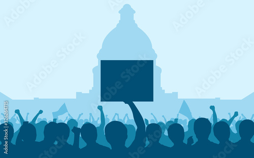 Silhouette group of protesters people Raised Fist with Signs and flag at Capitol building with blue color sky background