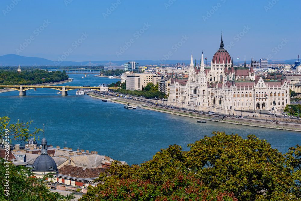 Panorama of Hungarian Parliament Building and River Danube, Budapest, Hungary
