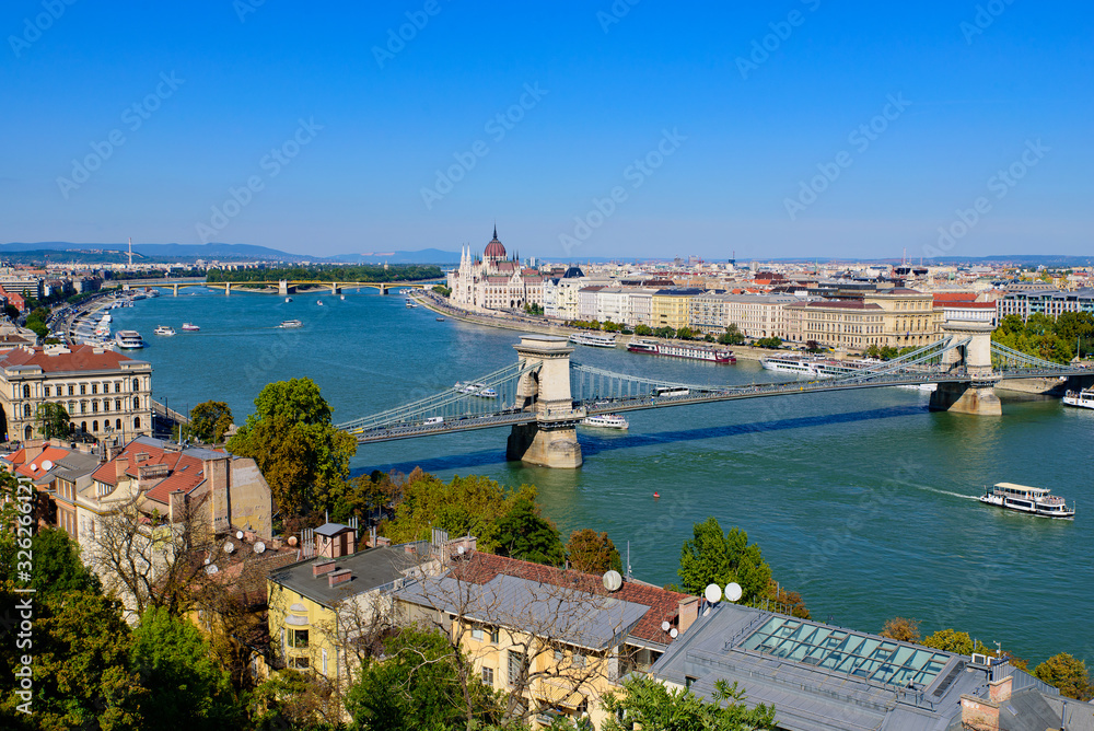 Panorama of Hungarian Parliament Building, Széchenyi Chain Bridge, and River Danube in Budapest, Hungary