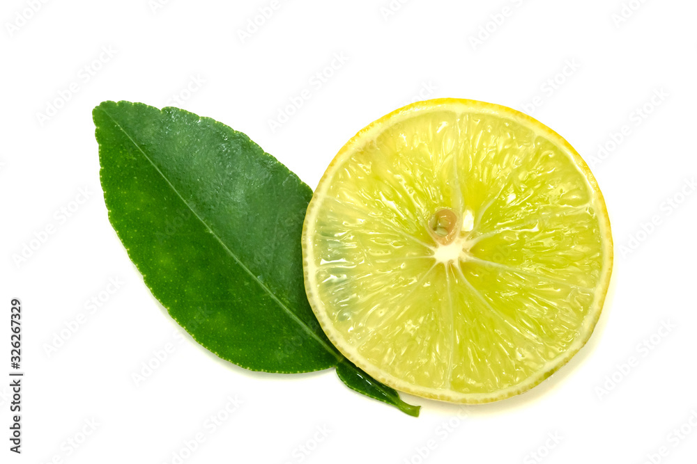 Yellow lemon slice and leaves isolated on white background Yellow lemon slice and leaves isolated on white background