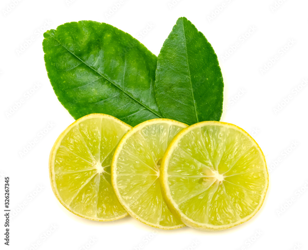 Yellow lemon slice and leaves isolated on white background Yellow lemon slice and leaves isolated on white background