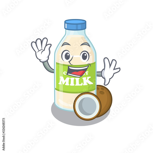 Waving friendly coconut milk mascot design style