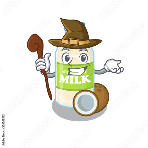 a mascot concept of coconut milk performed as a witch