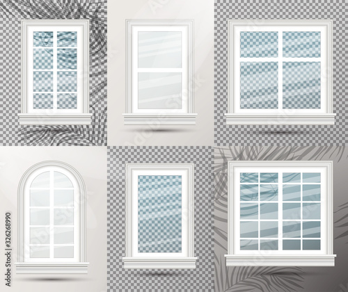 Six Closed Realistic Glass Windows with Shadows. Vector Illustration.