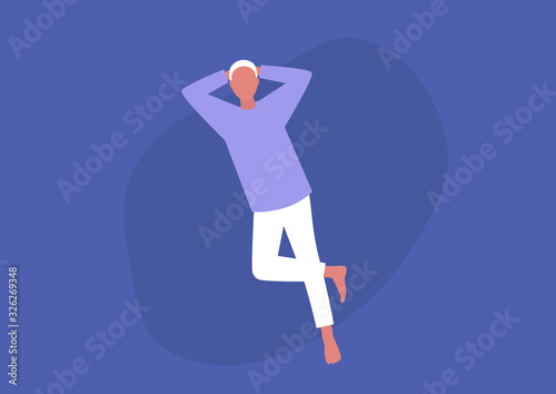 Young resting male character laying on back, relaxed atmosphere, chill