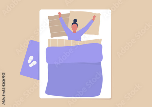 Young female character covered with blanket stretching in bed, morning routine, everyday life