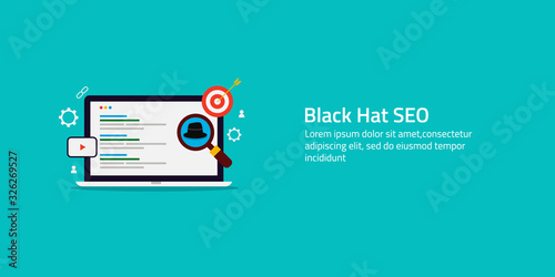 Black hat seo, search engine manipulation, spamming techniques for website ranking concept. Flat design web banner with text.