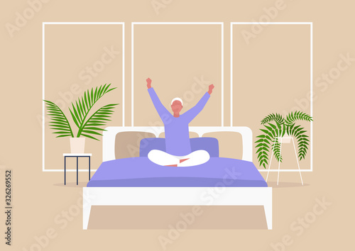 Early morning, Young male character stretching in bed, millennial lifestyle, bedroom interior