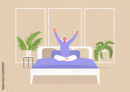 Early morning, Young female character stretching in bed, millennial lifestyle, bedroom interior