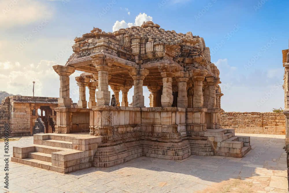 Chittorgarh Fort Rajasthan with ancient temple stone architecture and relics. Chittor Fort is one largest in India designated as a UNESCO World Heritage site