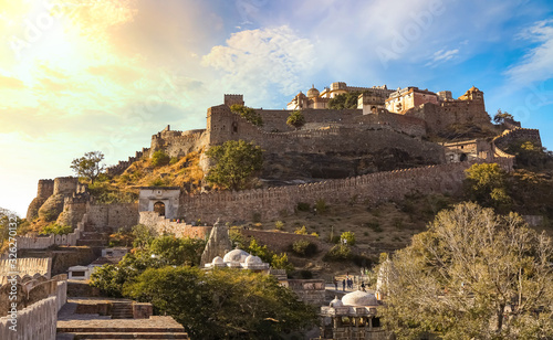 Kumbhalgarh Fort Rajasthan at sunset. Kumbhalgarh is a Mewar fortress in the Rajsamand District of Rajasthan state in western India photo