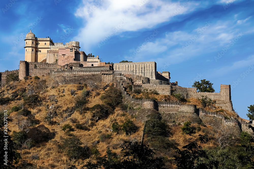 Historic Kumbhalgarh Fort on top of a mountain at Rajasthan India. Kumbhalgarh is a Mewar fortress on the westerly range of Aravalli Hills, in the Rajsamand district near Udaipur