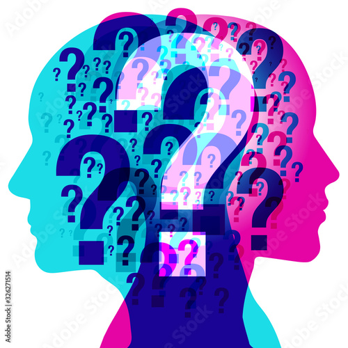 A male and female side silhouette positioned back to back, overlaid with various sized semi-transparent question marks. A large white semi-transparent Question Mark is placed across the centre.