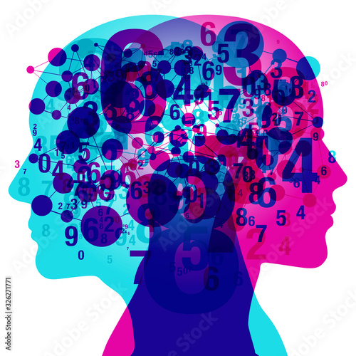 A Male and Female side silhouette proﬁle overlaid with various blending semi-transparent numbers and connected circular shapes.