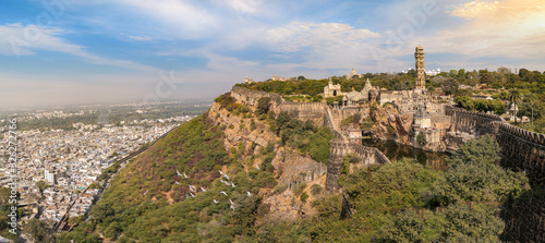 Panoramic view of the historic Chittorgarh Fort at Rajasthan at sunset. Chittor Fort is a UNESCO World Heritage site and one of the largest forts in India. photo