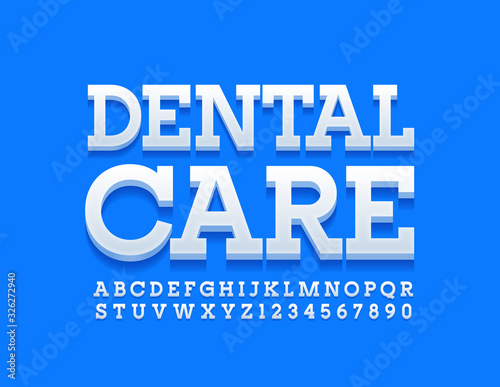 Vector bright logo Dental Care. Modern 3D Font. White Alphabet Letters and Numbers.