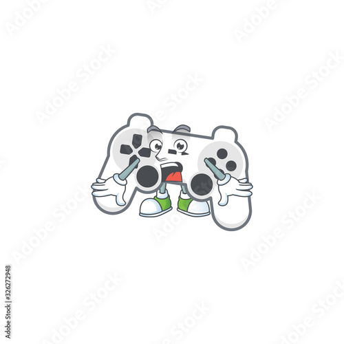 cartoon character design of white joystick with a surprised gesture