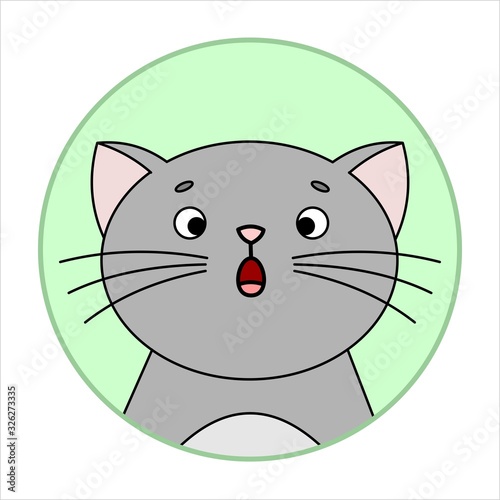 Cute Surprised Cat, Round Icon, Emoji. Gray Cat With Whiskers, Mouth Open With Surprise, Large Round Eyes. Vector Image Isolated On A White Background.