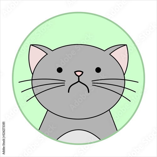 Cute Naughty, Grumpy Cat, Round Icon, Emoji. Gray Cat With A Whiskers Is Very Unhappy, Vector Image Isolated On A White Background.