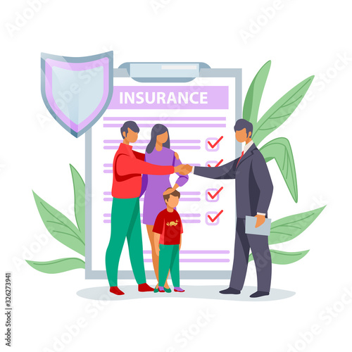 Father shaking hands with insurance agent. Family life insurance flat vector illustration. Insurance concept for banner, website design or landing web page