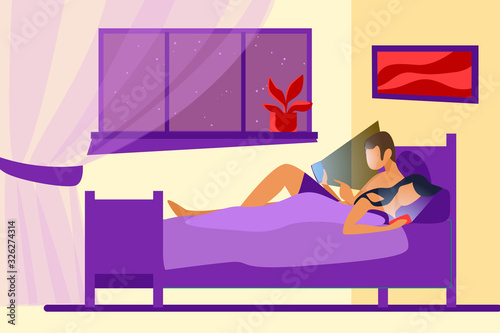 Couple lying in bed and using mobile phones. Gadget and internet addicted users flat vector illustration. Addiction, unhealthy habit, sleepless concept for banner, website design or landing web page