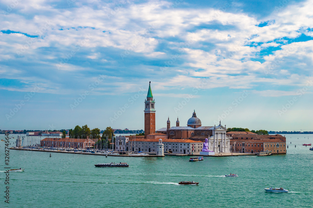 Venice, Italy - CIRCA 2013: Aerial view of San Giorgio Maggiore island with San Giorgio Maggiore Church on top of it.