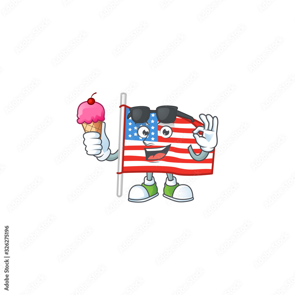 USA flag with pole mascot cartoon style eating an ice cream