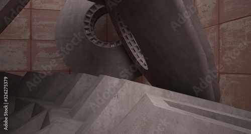 Abstract architectural rusted metal interior with concrete discs . 3D illustration and rendering.