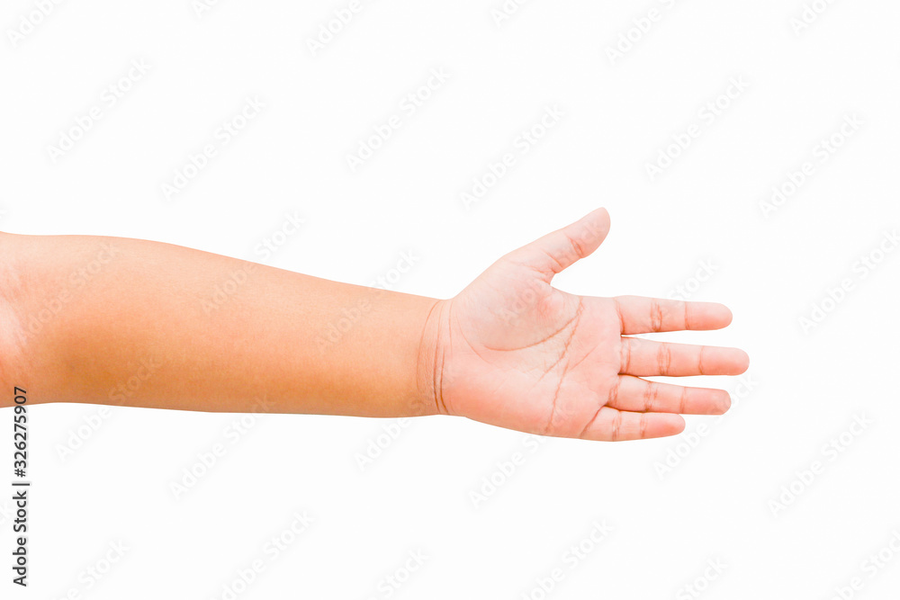 The boy opened his hand on the isolated white background