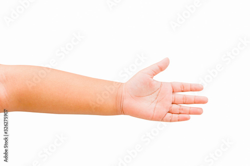 The boy opened his hand on the isolated white background