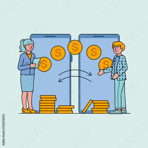 People making financial transactions via mobile app. Banking and sending money flat vector illustration. Mobile transfer payments and remittance concept using online electronic service