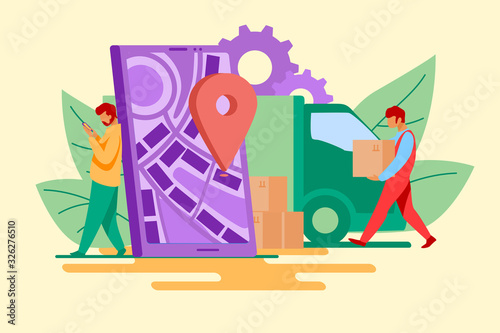 Delivery man and recipient who leaning on smartphone with pin. Door to door delivery by courier flat vector illustration. Delivery service concept for banner, website design or landing web page