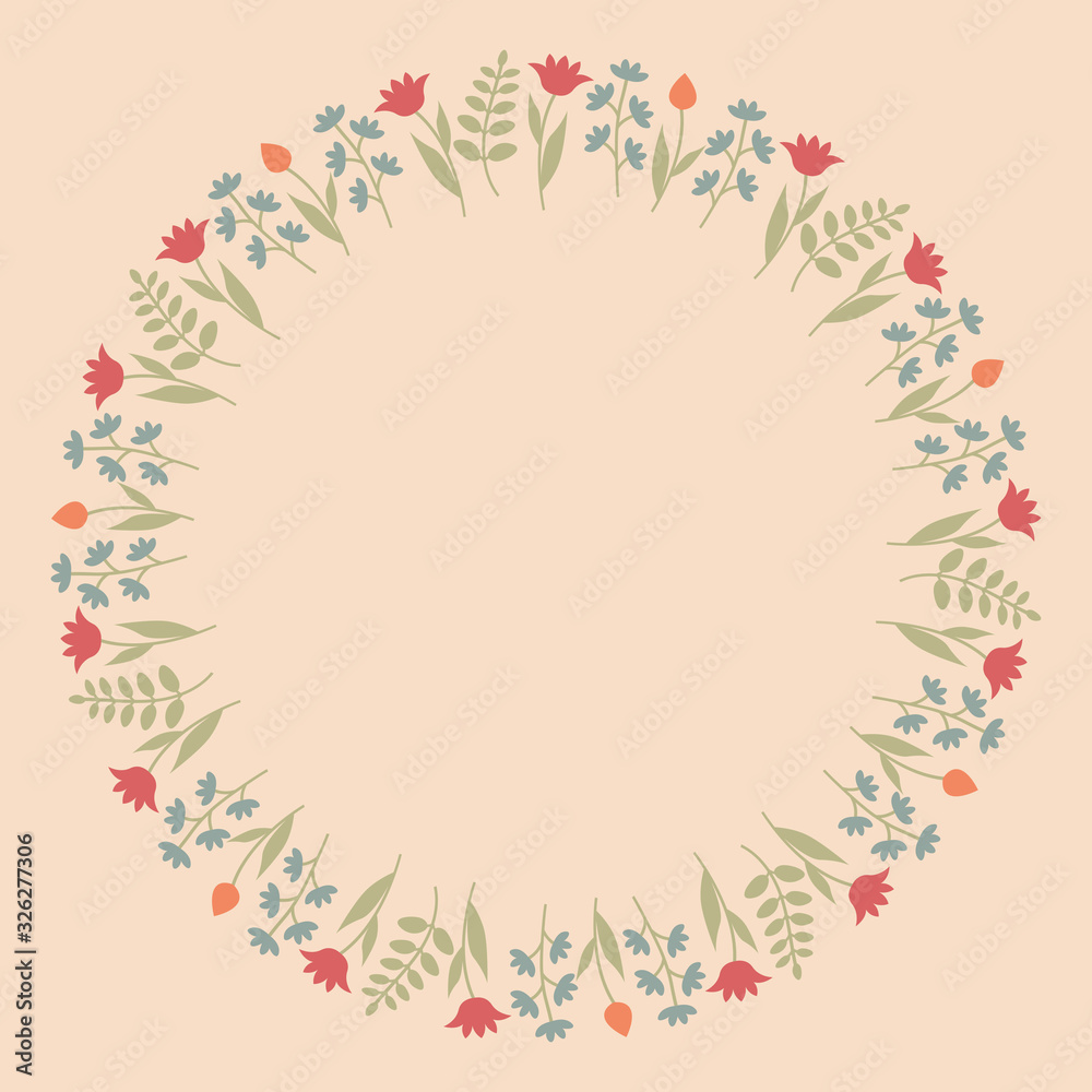 Decorative template with round floral ornament. Circular floral frame with wild flowers and tulips. Vector illustration EPS10