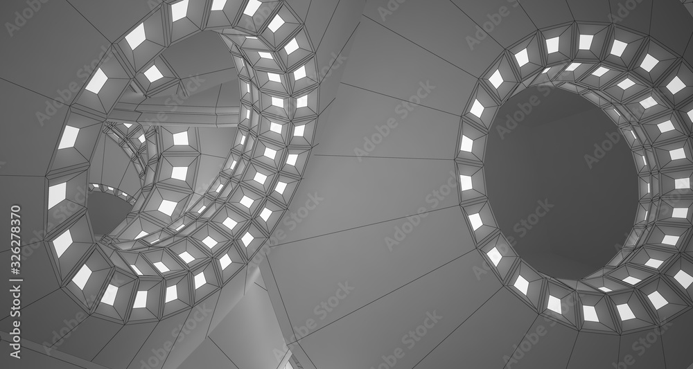 Fototapeta premium Abstract drawing white interior with discs and neon lighting. 3D illustration and rendering.