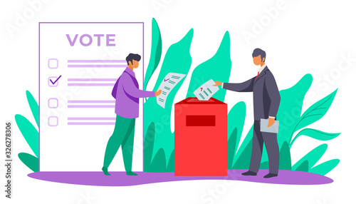 Voters inserting forms into ballot boxes. Presidential, congress, government election flat vector illustration. Democracy, poll, campaign concept for banner, website design or landing web page