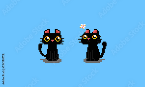 Pixel art cartoon cute black cat character.