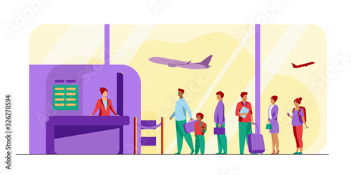 Airport queue vector illustration. Line of tourists standing at check in desk. Flight passengers waiting for boarding to plane in departure area