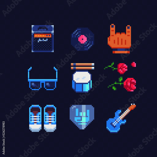 16bit Rock pixel art icons set. Glasses, sneakers, guitar, drums and sticks plate. Design for logo, stickers, web, and mobile app. Isolated vector illustration. 8-bit sprite.