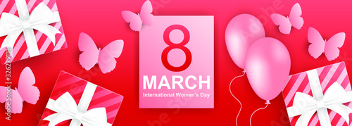 8 march women's day horizontal poster or banner with pink balloons, butterflies and gift boxes on pink background. Promotion and shopping template or background for Love and women's day concept. EPS10