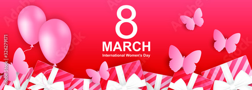 8 march women's day horizontal poster or banner with pink balloons, butterflies and gift boxes on pink background. Promotion and shopping template or background for Love and women's day concept. EPS10