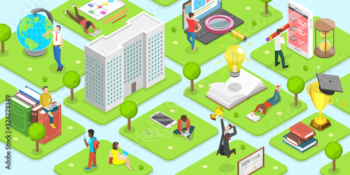 Flat Isometric Vector Concept of Campus. Students are Spending Their Time Reading, Studying, Chatting, Walking and etc. Around the University.