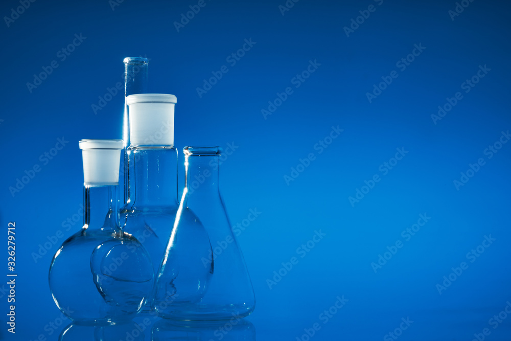 Chemical vessels. Glass flasks. Laboratory utensil. Chemical vessels. Glass flasks. Laboratory utensil.