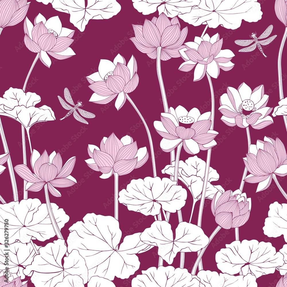 Lotus flowers seamless pattern with Burgundy background.Floral vector monochrome drawing.