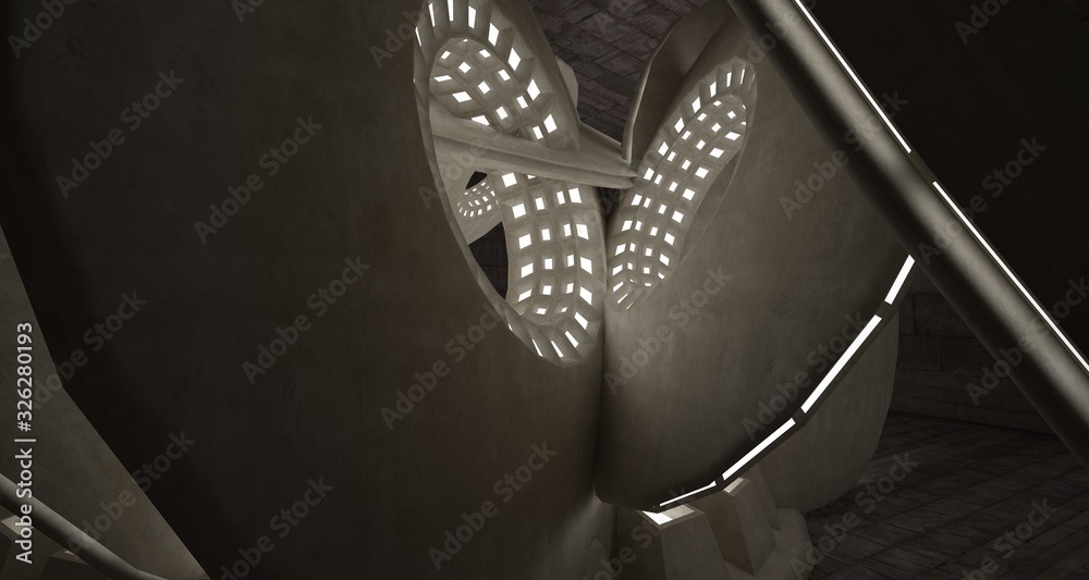 Abstract architectural concrete interior with discs. Neon lighting. 3D illustration and rendering.