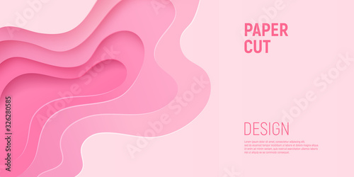 Pink paper cut banner with 3D slime abstract background and pink waves layers. Abstract layout design for brochure and flyer. Paper art vector illustration