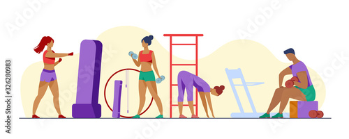 People in fitness club. Men and women training bodies, weight lifting, stretching muscles in gym. Vector illustration for sport, exercising, active lifestyle concept