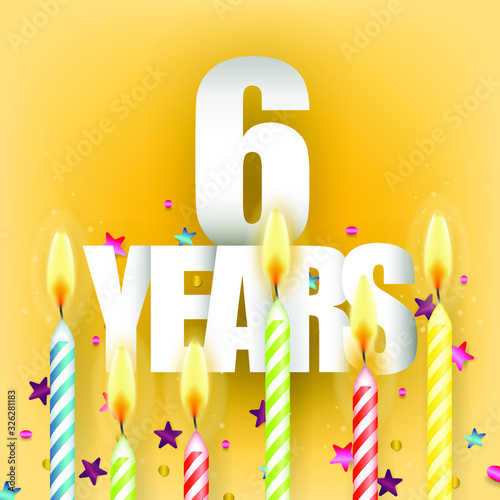 Colorful sparkling candles on yellow background. Birthday, anniversary or celebration template.