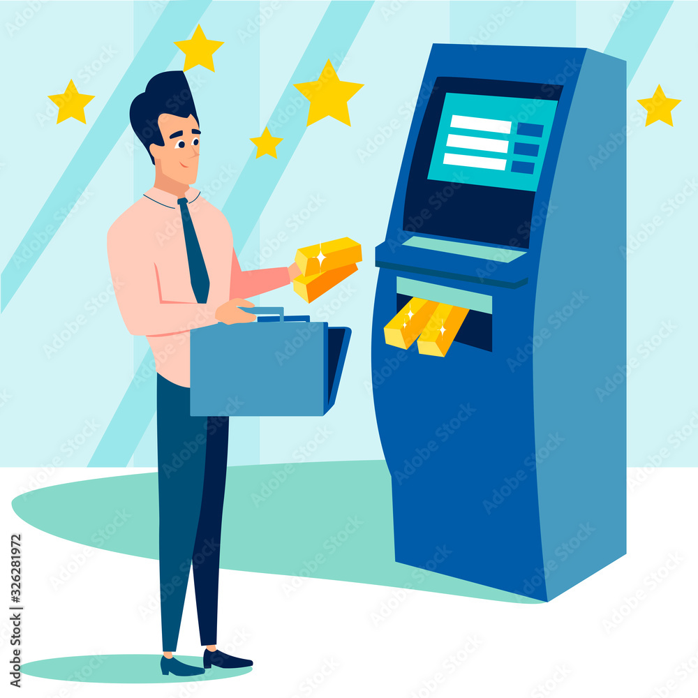 Businessman receives gold bars from an ATM. Loan repayment. In minimalist style Cartoon flat raster Businessman receives gold bars from an ATM. Loan repayment. In minimalist style Cartoon flat raster